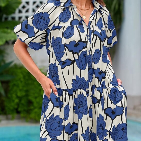 Women's Summer Button Down Shirt Dress Floral Puff Short Sleeve Casual Loose Fit - Picture 3 of 5